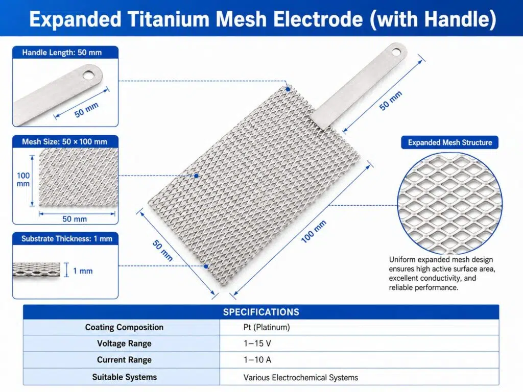 Custom Platinum Coated Titanium Mesh Electrode with Handle – High-Performance Anode for Precision Electrolysis 9