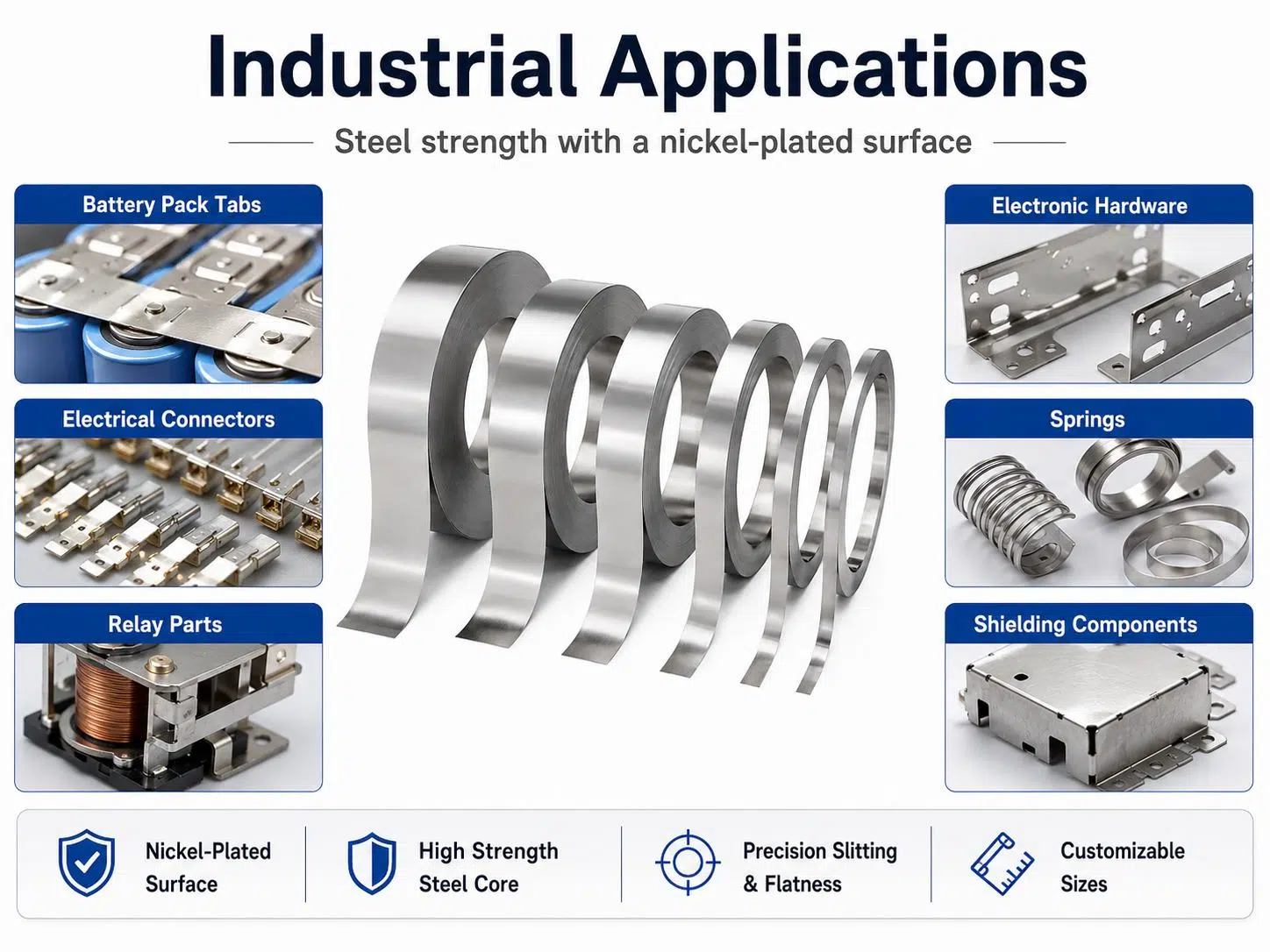 Custom Nickel Plated Steel Strip | Electroplated Steel for Battery Tabs, Terminals & Hardware 1