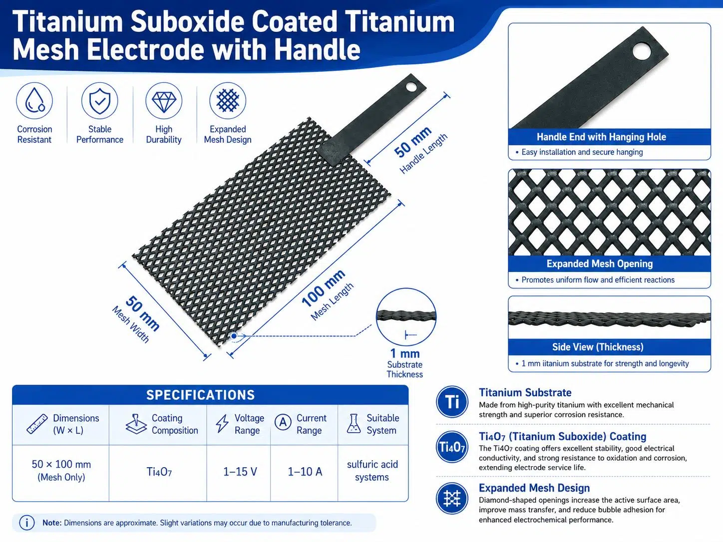 Custom Titanium Sub‑Oxide Mesh Electrode with Handle – Ti₄O₇ Anode for Electrochemical Treatment 9