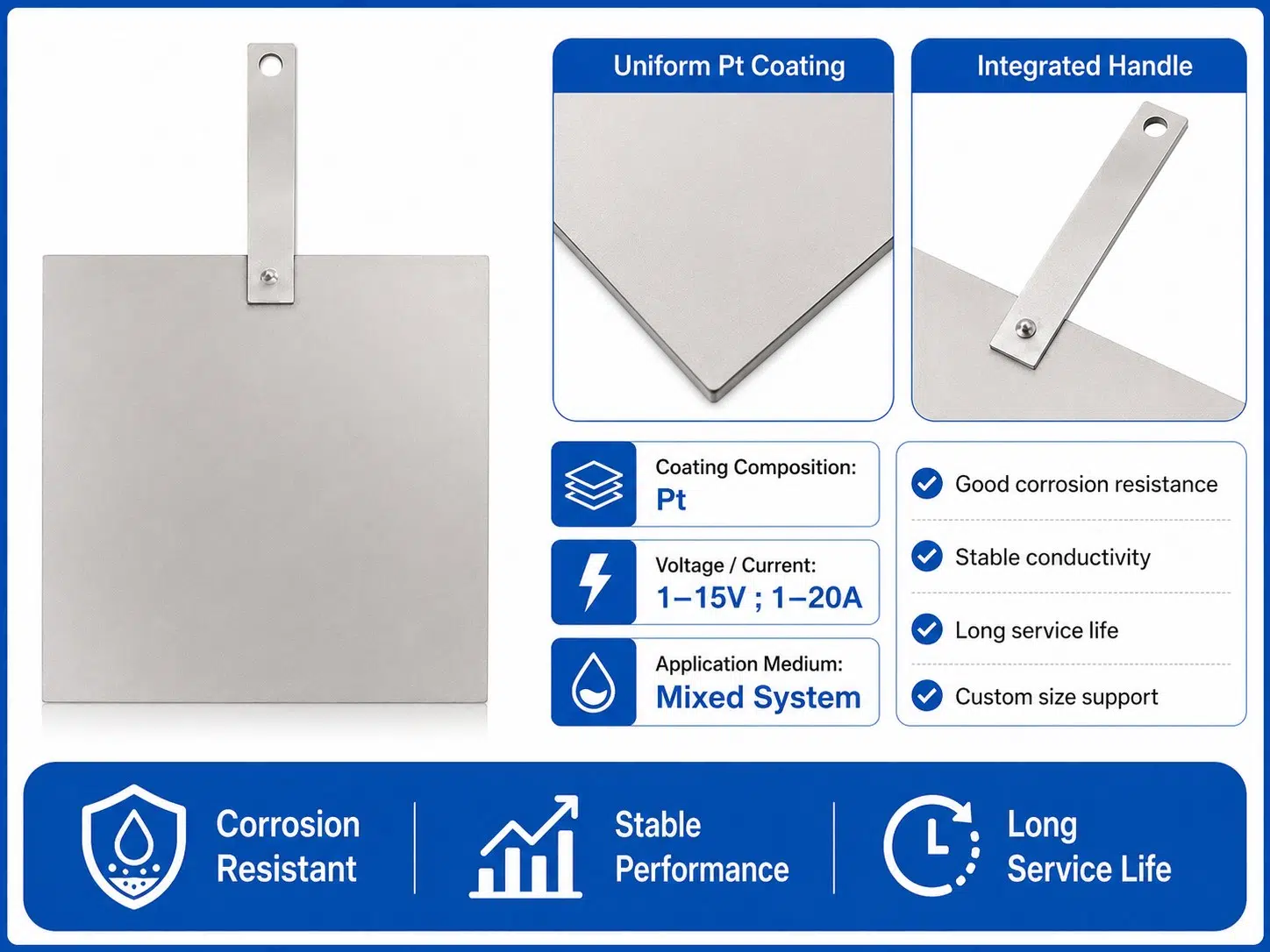 Custom Platinum Coated Titanium Plate Electrode with Handle – High-Activity Pt–Ti Anode for Electrolysis 9