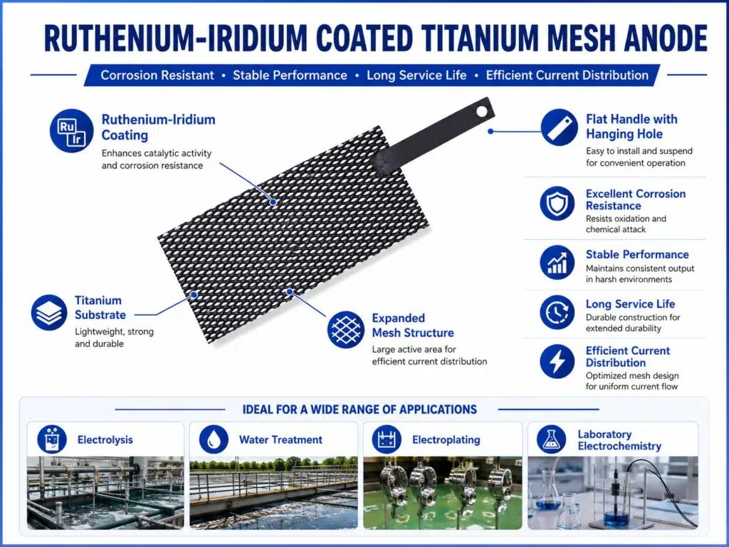 Custom Ru-Ir Coated Titanium Mesh Electrode with Handle – High-Efficiency MMO Anode for Electrolysis 9