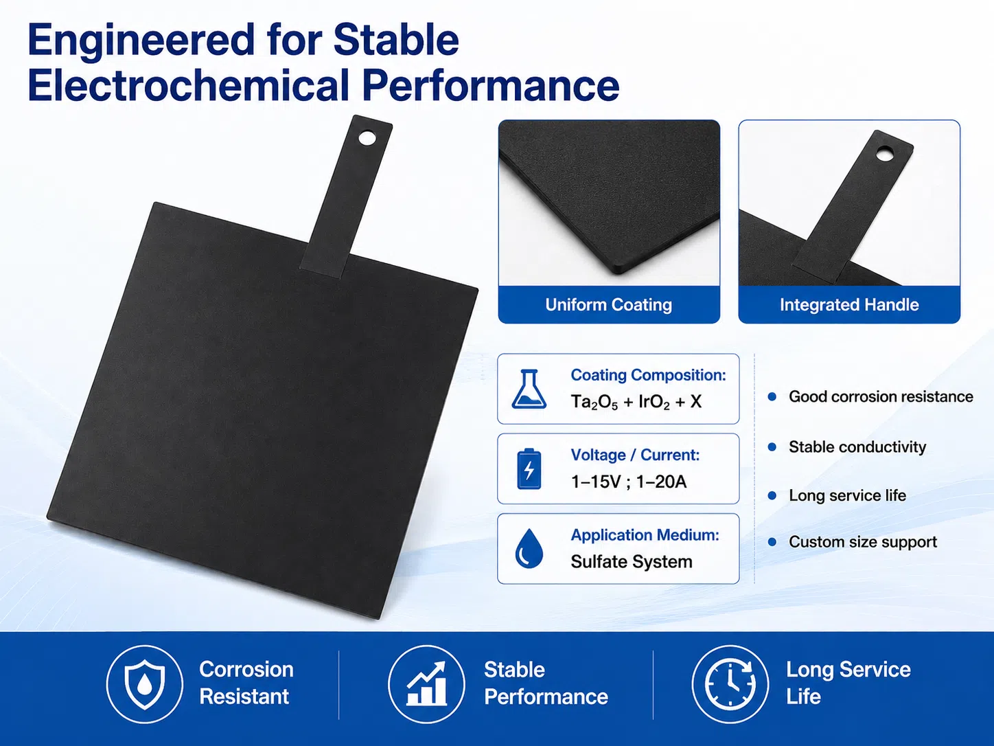 Custom Ir-Ta Coated Titanium Plate Electrode with Handle – Durable MMO Anode for Industrial Electrolysis 9