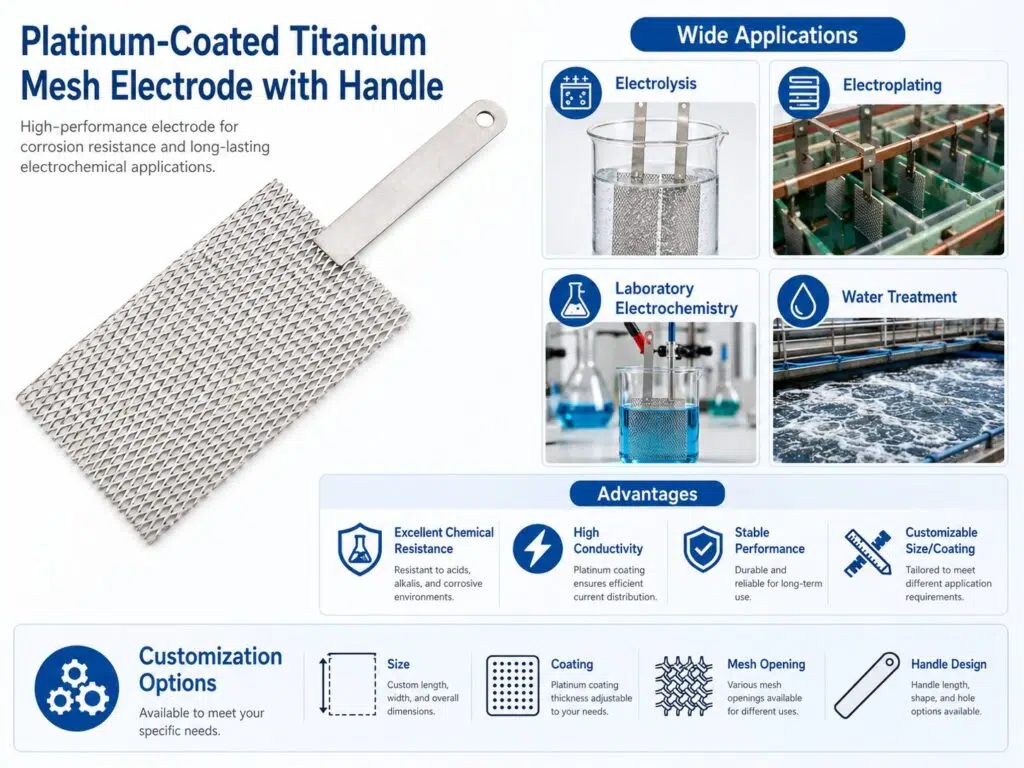 Custom Platinum Coated Titanium Mesh Electrode with Handle – High-Performance Anode for Precision Electrolysis 10