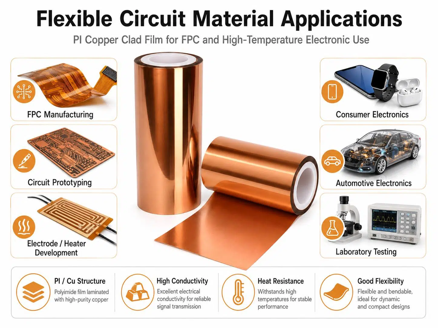 Custom PI Copper Clad Laminate Film (FCCL) | Single & Double-Sided Polyimide Composite Copper for Flexible Circuits 2