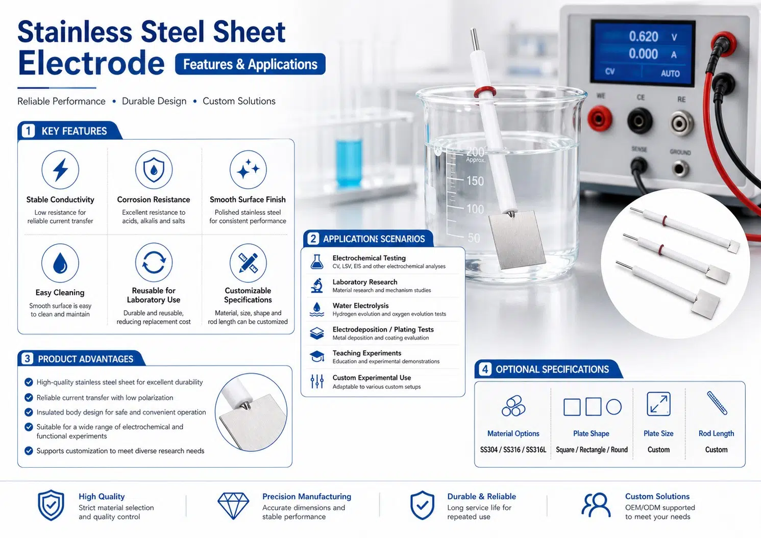 Custom Stainless Steel Sheet Electrode – Size, Shape, Hole, Logo & Surface Finish Fully Customizable for Industrial & Lab Use 10