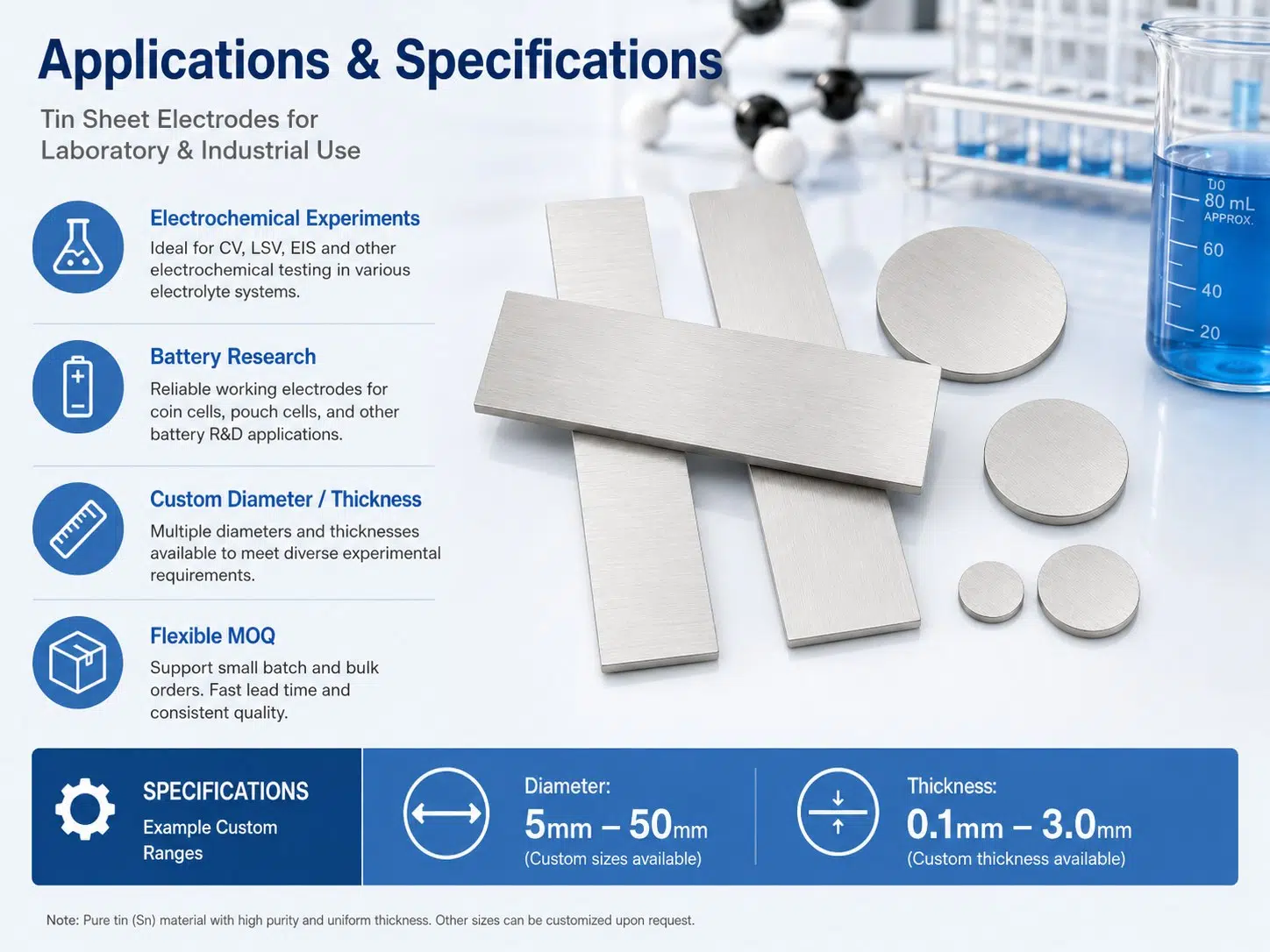 Ultra-Pure Tin (Sn) Sheet Electrodes: Precision-Customized for Electroplating, Battery Innovation, and Advanced Electrochemistry 10
