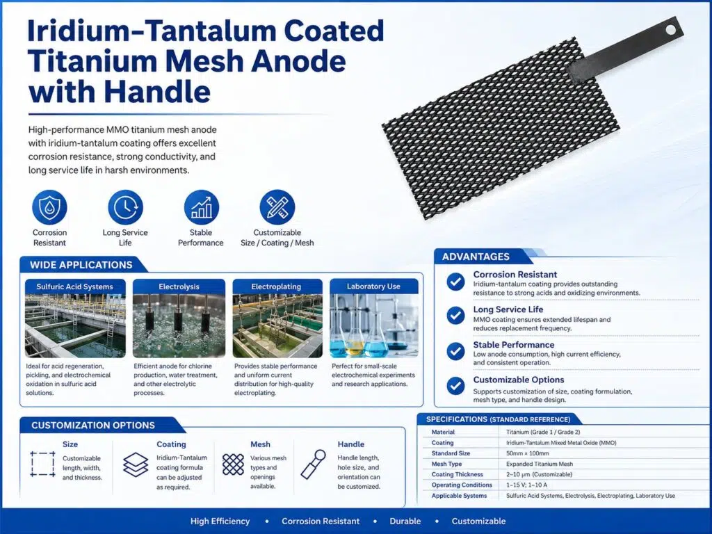 Custom Ir-Ta Coated Titanium Mesh Electrode with Handle – Durable MMO Anode for Harsh Electrolysis 10